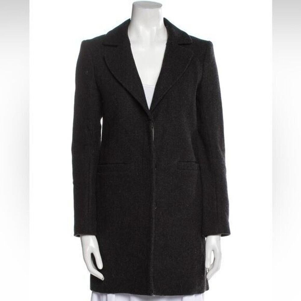 MAJE Virgin Wool Cashmere Coat with Leather Waist Trim Charcoal Blue Leather 4